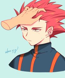 Rule 34 | 1boy, absurdres, closed mouth, commentary request, creatures (company), disembodied hand, game freak, grey eyes, highres, jacket, lance (pokemon), light blush, male focus, nintendo, pokemon, pokemon hgss, red hair, ruffling hair, short hair, signature, spiked hair, sweatdrop, turtleneck, turtleneck jacket, upper body, yao (evep3835)