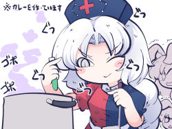 Rule 34 | 3girls, blue headwear, blush stickers, braid, chahan (fried rice0614), closed mouth, cross, dress, grey eyes, hat, inaba tewi, long hair, multiple girls, nurse cap, one-hour drawing challenge, one eye closed, puffy short sleeves, puffy sleeves, red cross, reisen udongein inaba, short sleeves, single braid, smile, touhou, white hair, yagokoro eirin