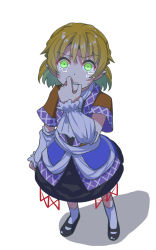 Rule 34 | 1girl, arm warmers, biting, black footwear, black shirt, black skirt, blonde hair, brown jacket, commentary request, crying, crying with eyes open, finger biting, full body, green eyes, highres, jacket, looking at viewer, mary janes, mizuhashi parsee, multicolored clothes, multicolored jacket, nayozane (worker7), pointy ears, sash, scarf, shirt, shoes, short hair, short sleeves, simple background, skirt, socks, solo, standing, tears, touhou, white background, white sash, white scarf, white socks