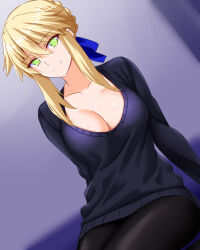 Rule 34 | 1girl, artoria pendragon (fate), artoria pendragon (lancer) (fate), blonde hair, blue ribbon, breasts, cleavage, engo (aquawatery), fate/grand order, fate (series), green eyes, highres, large breasts, looking at viewer, pantyhose, ribbed sweater, ribbon, sitting, smile, solo, sweater, upper body