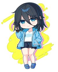 Rule 34 | 1girl, black gloves, black hair, black shorts, blue eyes, blue footwear, blue jacket, blush, breasts, chibi, cleavage, closed mouth, commentary, crocs, english commentary, gloves, hair between eyes, highres, holding, holding stylus, jacket, long sleeves, looking at viewer, medium breasts, open clothes, open jacket, original, partially fingerless gloves, rynzfrancis, shirt, short hair, shorts, solo, standing, stylus, twitter username, white shirt
