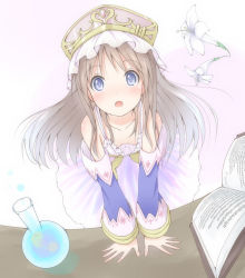 Rule 34 | 1girl, :o, arm support, atelier (series), atelier totori, bad id, bad pixiv id, blue eyes, blush, book, breasts, brown hair, chm (macharge), detached sleeves, downblouse, dress, english text, engrish text, female focus, flask, flower, lily (flower), nipple slip, nipples, open mouth, ranguage, small breasts, solo, totooria helmold