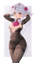 Rule 34 | 1girl, :o, absurdres, alternate costume, armpits, arms up, ascot, black pantyhose, blush, bodystocking, border, braid, breasts, covered navel, cowboy shot, curvy, flower, genshin impact, green eyes, grey background, hair flower, hair ornament, hairband, heavy breathing, highres, long sleeves, looking at viewer, medium breasts, noelle (genshin impact), open mouth, outside border, pantyhose, pink ascot, pink flower, pink rose, plump, rose, simple background, skin tight, solo, suzu22, thick thighs, thighs, wet, wet clothes, wet hair, white border, white hairband