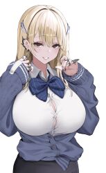 Rule 34 | 1girl, black nails, blonde hair, blue bow, blue bowtie, blue jacket, blush, bow, bowtie, breasts, brown eyes, button gap, claw ring, cleavage, collared shirt, goddess of victory: nikke, grin, hair intakes, hair ornament, hairclip, highres, hkuran, huge breasts, jacket, jewelry, long hair, looking at viewer, mole, mole under eye, multiple rings, nail polish, off-shoulder jacket, off shoulder, pencil skirt, puffy sleeves, ring, shirt, simple background, skirt, sleeves past wrists, smile, solo, tia (nikke), white background, white shirt