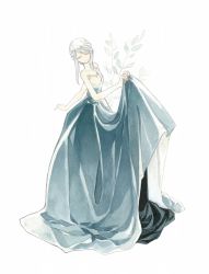 Rule 34 | 1girl, bare shoulders, closed eyes, dress, expressionless, from side, full body, highres, holding, holding clothes, holding dress, kamura gimi, leaf, limited palette, long hair, no nose, original, plant, simple background, solo, standing, swept bangs, white background, white hair