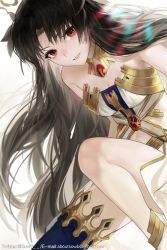 Rule 34 | 1girl, absurdres, bare legs, black hair, breasts, cleavage, fate/grand order, fate (series), highres, huge filesize, ishtar (fate), jewelry, light, long hair, looking at viewer, necklace, simple background, smile, solo, sowb, thighhighs, twintails, white background
