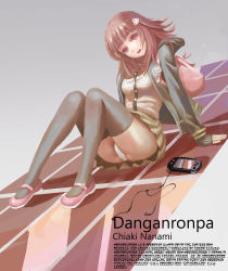 Rule 34 | 10s, 1girl, absurdres, arm support, backpack, bag, black thighhighs, breasts, brown hair, brown skirt, buttons, character name, copyright name, danganronpa: trigger happy havoc, danganronpa (series), digital media player, earbuds, earphones, full body, grey shirt, hair ornament, hairclip, highres, hood, hoodie, jacket, knees together feet apart, ldh, leaning back, long sleeves, looking at viewer, mary janes, miniskirt, nanami chiaki, on floor, open mouth, panties, pantyshot, pink eyes, pleated skirt, red footwear, reflection, reflective floor, revision, school uniform, shirt, shoes, sitting, skirt, sleeves past wrists, small breasts, solo, thighhighs, underwear, white panties