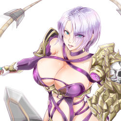 Rule 34 | 1041 (toshikazu), 1girl, aqua eyes, armor, breasts, cleavage, collar, commentary request, covered navel, eyes visible through hair, gauntlets, gloves, hair over one eye, isabella valentine, large breasts, makeup, pauldrons, purple legwear, revealing clothes, short hair, shoulder armor, silver hair, single gauntlet, solo, soul calibur, sword, weapon, whip, whip sword