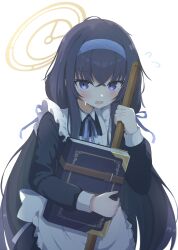 Rule 34 | 1girl, apron, black hair, blue archive, blush, book, broom, dark, dress, flying sweatdrops, frilled apron, frills, frown, hair ribbon, hairband, halo, highres, holding, holding book, holding broom, long hair, long sleeves, looking to the side, low twintails, open mouth, preste, purple eyes, ribbon, solo, sweat, twintails, ui (blue archive), very long hair