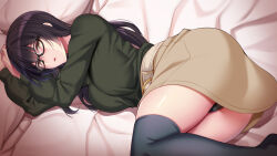 Rule 34 | 1girl, ass, bed sheet, belt, black hair, black panties, black thighhighs, breasts, brown hair, brown skirt, commentary request, glasses, green shirt, hair between eyes, huyumitsu, large breasts, long hair, long sleeves, looking at viewer, lying, on side, open mouth, original, panties, pillow, shirt, skirt, solo, thighhighs, thighs, underwear
