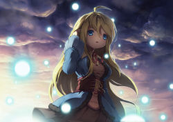 Rule 34 | 1girl, :o, ahoge, armais (me-chan337), backlighting, bad id, bad pixiv id, blonde hair, blue eyes, breasts, cloud, corset, dress, from below, hair flip, jacket, light particles, long hair, neck ribbon, open mouth, original, parted lips, ribbon, solo, twilight, very long hair, wide sleeves