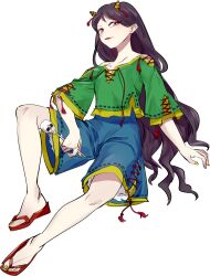 Rule 34 | 1girl, barefoot, black hair, blue shorts, chamaruk, full body, green shirt, highres, horns, long hair, nippaku zanmu, oni horns, open mouth, red eyes, sandals, shirt, short sleeves, shorts, simple background, smile, solo, touhou, unfinished dream of all living ghost, white background, wide sleeves