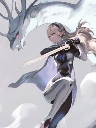 Rule 34 | 1girl, armor, armored boots, blue cape, boots, cape, closed mouth, commentary, corrin (dragon) (fire emblem), corrin (female) (fire emblem), corrin (fire emblem), creature, dragon, english commentary, fire emblem, fire emblem fates, floating hair, hair between eyes, hair ornament, hairband, highres, holding, holding sword, holding weapon, lips, long hair, nintendo, pointy ears, red eyes, silver hair, simple background, solo, sword, viorie, wavy hair, weapon, yato (fire emblem)