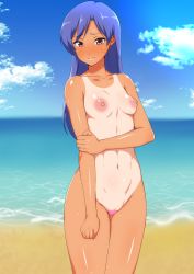 Rule 34 | 1girl, abs, absurdres, beach, blue hair, blue sky, blush, breasts, brown eyes, censored, cleavage, cleft of venus, cloud, collarbone, completely nude, day, embarrassed, eyelashes, furrowed brow, heart, heart censor, highres, hip bones, holding own arm, idolmaster, idolmaster (classic), jabara tornado, kisaragi chihaya, long hair, looking at viewer, medium breasts, muscular, navel, nipples, nude, ocean, one-piece tan, outdoors, pussy, pussy juice, sky, solo, sweat, tan, tanline, thick thighs, thighs, toned, wide hips