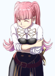 Rule 34 | 1girl, ;), black skirt, blunt bangs, breasts, breasts squeezed together, closed mouth, cowboy shot, crossed arms, female focus, fire emblem, fire emblem: three houses, hilda valentine goneril, leaning forward, long hair, long sleeves, looking at viewer, matching hair/eyes, nintendo, one eye closed, pink eyes, pink hair, shirt, simple background, skirt, smile, solo, standing, sukkirito (rangusan), twintails, very long hair, white background, white shirt, wink