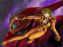 Rule 34 | 1990s (style), 1girl, blonde hair, bodysuit, breasts, center opening, cleavage, earrings, female focus, full body, gottrlatan, gundam, hairband, holster, jewelry, katejina loos, knife, large breasts, long hair, mecha, non-web source, open clothes, open mouth, outstretched arms, retro artstyle, robot, smile, solo, spread arms, victory gundam, yellow eyes