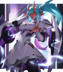 Rule 34 | 1girl, absurdres, arc2urus, blue hair, blue nails, breasts, colored skin, dress, electricity, fingernails, gradient hair, highres, horns, large breasts, long hair, looking at viewer, multicolored hair, nail polish, octavia (omega strikers), octavia (omega strikers), omega strikers, open mouth, orange eyes, orange skin, pointing, pointing at viewer, ponytail, purple hair, side ponytail, solo