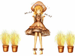 Rule 34 | 1girl, aki minoriko, amano jack, anklet, bad id, bad pixiv id, barefoot, blonde hair, closed eyes, female focus, food, full body, hat, jewelry, musical note, onigiri, paw pose, plant, potted plant, short hair, simple background, solo, touhou