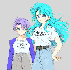 Rule 34 | 1boy, 1girl, arm at side, arms at sides, bad id, bad pixiv id, belt, blue eyes, blue hair, breasts, bulma, capsule corp, clothes writing, cowboy shot, denim, dragon ball, dragonball z, expressionless, eyelashes, floating hair, frown, grey background, grey pants, hand on own hip, happy, jeans, legs apart, libeuo (liveolivel), long hair, long sleeves, looking up, medium breasts, mother and son, pants, purple hair, shirt, shirt tucked in, short sleeves, simple background, smile, standing, torn clothes, torn jeans, torn pants, track pants, trunks (dragon ball), trunks (future) (dragon ball), white shirt