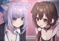 Rule 34 | 2girls, :3, ahoge, animal ear fluff, animal ears, black choker, black jacket, black shirt, blunt bangs, blurry, blurry background, breasts, brown eyes, brown hair, cat ears, choker, cleavage, closed mouth, collared shirt, commentary, depth of field, dog ears, hair between eyes, hair ornament, hololive, indoors, inugami korone, inugami korone (loungewear), jacket, long hair, looking at viewer, multiple girls, nekomata okayu, nekomata okayu (oversized shirt), official alternate costume, open clothes, open jacket, open mouth, pink jacket, pom pom (clothes), pom pom hair ornament, purple eyes, purple hair, shirt, sidelocks, syhan, upper body, virtual youtuber, white shirt