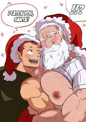 Rule 34 | !?, 2boys, age difference, arm hair, bara, bare pectorals, beard, blush, chest hair, christmas, clothes lift, ducka98, english text, facial hair, from side, hat, head tilt, highres, large pectorals, long beard, male focus, mature male, multiple boys, muscular, muscular male, old, old man, original, pectoral lift, pectorals, red hair, red headwear, sanpaku, santa costume, santa hat, shirt lift, short hair, sparse chest hair, star (symbol), starry background, surprise hug, surprised, sweat, thick eyebrows, thick mustache, upper body, white hair, wrinkled skin, yaoi