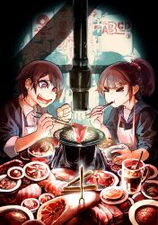 Rule 34 | &gt; &lt;, 2girls, apron, brown hair, cannibalism, chopsticks, clenched hand, closed eyes, commentary, cooking, crazy eyes, cup, drooling, earrings, eating, food, fork, grill, grilling, guro, highres, jewelry, mado (mukade tou), meat, mug, multiple girls, neckerchief, open mouth, original, plate, ponytail, red eyes, red neckerchief, sailor collar, saliva, school uniform, serafuku, shichirin, short hair