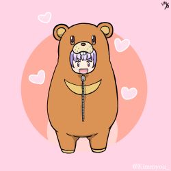 Rule 34 | &gt;:d, 10s, 1girl, :d, animal costume, bad id, bad pixiv id, bear costume, bear sleeping bag, blunt bangs, blush, commentary request, female focus, full body, heart, looking at viewer, myou (kimmyo8p), new game!, open mouth, pink background, purple eyes, purple hair, sleeping bag, smile, solo, suzukaze aoba, twitter username, v-shaped eyebrows, zipper