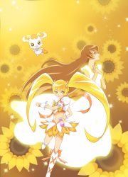 Rule 34 | 10s, 1girl, blonde hair, boots, brooch, brown background, brown hair, cure sunshine, dual persona, floral background, flower, gradient background, heart, heart brooch, heartcatch precure!, highres, jewelry, knee boots, long hair, magical girl, midriff, myoudouin itsuki, navel, orange skirt, pochikoro, potpourri (heartcatch precure!), precure, skirt, sunflower, wrist cuffs, yellow background, yellow eyes, yellow theme