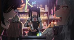 Rule 34 | 5girls, ahoge, alternate costume, apron, bad id, bad twitter id, bar (place), bartender, blunt bangs, breasts, closed mouth, cocktail, cocktail glass, collared shirt, cup, drinking glass, eyepatch, facial mark, girls&#039; frontline, glass, glint, green eyes, grey hair, griffin &amp; kryuger military uniform, hair between eyes, hair ornament, head on hand, helianthus (girls&#039; frontline), highres, hk416 (girls&#039; frontline), holding shaker, ihobus, indoors, jill stingray, kalina (girls&#039; frontline), large breasts, long hair, looking at viewer, m16a1 (girls&#039; frontline), martini, military, military uniform, multiple girls, necktie, open mouth, scar, scar across eye, scar on face, shaker, shirt, shouting, sidelocks, sitting, sweatdrop, teardrop, twintails, uniform, va-11 hall-a, very long hair