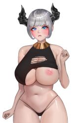 Rule 34 | 1girl, bad id, bad pixiv id, bare shoulders, bikini, bikini bottom only, black bikini, blue eyes, blunt bangs, blush, breasts, breasts out, cleavage, closed mouth, curvy, demon girl, dlckdgns851, frown, horns, inverted nipples, korean commentary, large breasts, navel, nipples, original, short hair, silver hair, solo, sweat, swimsuit, thighs