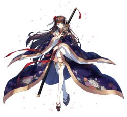 Rule 34 | 1girl, absurdres, blue eyes, brown hair, counter:side, floral print, hair ornament, highres, japanese clothes, long hair, looking at viewer, nanahara chinatsu, official art, okobo, petals, platform clogs, sandals, solo, sword, tachi-e, thighhighs, transparent background, weapon