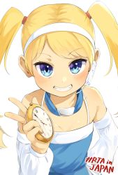 Rule 34 | 1girl, bad id, bad twitter id, bare shoulders, blonde hair, blue dress, blue eyes, blush, copyright request, detached sleeves, dress, hairband, hand on own hip, hashtag, highres, holding, long hair, long sleeves, looking at viewer, microphone, multicolored eyes, nishiuri, purple eyes, rta-chan, rta in japan, smile, solo, stopwatch, twintails, w, watch