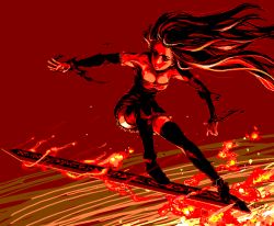 Rule 34 | 1girl, breasts, cleavage, face, fire, futaba channel, jaggy lines, large breasts, lesty, long hair, microsoft paint (medium), oekaki, red theme, sanada-x, solo, sword, thighhighs, torn clothes, weapon, zettai ryouiki