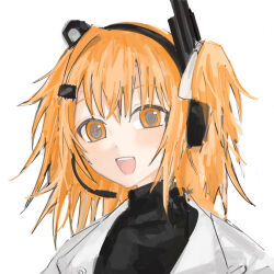 Rule 34 | 1girl, a.i. voice, adachi rei, black shirt, blush, commentary request, computer chip, hair ornament, hair ribbon, hairclip, headlamp, headset, highres, jacket, looking at viewer, medium hair, one side up, open clothes, open jacket, open mouth, orange eyes, orange hair, radio antenna, ribbon, ringed eyes, shirt, simple background, smile, solo, teeth, turtleneck, upper teeth only, uso (user ymgf7888), utau, white background, white jacket, white ribbon