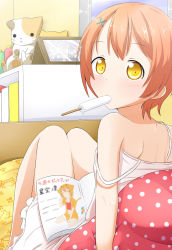 Rule 34 | 10s, 1girl, :&lt;, back, bare shoulders, bed, blush, book, brown hair, dress, dripping, food, hair ornament, hairclip, highres, hoshizora rin, looking at viewer, looking back, love live!, love live! school idol project, makuran, mouth hold, on bed, orange hair, pillow, popsicle, sexually suggestive, short hair, sitting, sleeveless, sleeveless dress, solo, strap slip, stuffed animal, stuffed cat, stuffed toy, sundress, white dress, yellow eyes