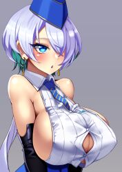 Rule 34 | 1girl, backless shirt, bare shoulders, blue eyes, blue hat, blue necktie, blue skirt, breasts, brid (nikke), collared shirt, colored inner hair, commentary request, garrison cap, goddess of victory: nikke, green hair, grey hair, hair over one eye, hat, huge breasts, multicolored hair, necktie, ninopal, partial commentary, shirt, short hair, sideboob, skirt, sleeveless, solo, two-tone hair