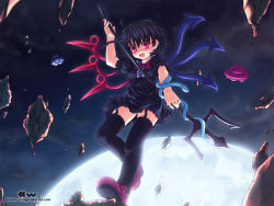 Rule 34 | 1girl, asymmetrical wings, black hair, etogami kazuya, fang, female focus, garter straps, highres, houjuu nue, legs, moon, open mouth, polearm, red eyes, rock, short hair, smile, snake, solo, thighhighs, touhou, trident, ufo, wallpaper, weapon, wings