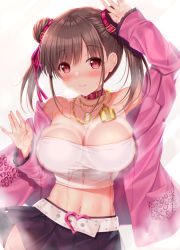 1girl against_glass arm_up bare_shoulders belt belt_buckle black_skirt blush breasts breasts_apart brown_hair buckle cleavage closed_mouth collar collarbone cowboy_shot double_bun frilled_sleeves frills hair_bun hair_ribbon heart highres idolmaster idolmaster_shiny_colors jacket large_breasts lock long_hair long_sleeves looking_at_viewer miniskirt navel off_shoulder open_clothes open_jacket padlock pink_jacket pink_ribbon pleated_skirt red_eyes ribbon skirt smile solo sonoda_chiyoko strapless sweat tube_top twintails yunagi_amane