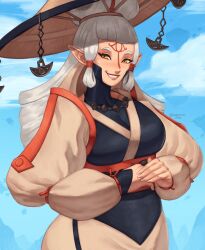 Rule 34 | absurdres, bodysuit, bodysuit under clothes, breasts, brown eyes, facial mark, forehead mark, forehead tattoo, highres, large breasts, long hair, nails, nintendo, nirefuster, paya (zelda), pointy ears, sheikah, smile, tattoo, the legend of zelda, the legend of zelda: tears of the kingdom, white hair, wide hips
