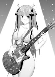 Rule 34 | 1girl, blunt bangs, blush, breasts, butterfly hair ornament, closed mouth, collarbone, completely nude, convenient censoring, cowboy shot, electric guitar, go-toubun no hanayome, greyscale, guitar, hair censor, hair ornament, hair over breasts, hair over one breast, highres, instrument, kosmos beta, large breasts, long hair, looking at viewer, monochrome, music, nakano nino, nude, playing instrument, smile, solo, sparkle, spotlight, two side up