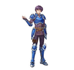 Rule 34 | 1boy, armor, blue armor, boots, breastplate, fire emblem, fire emblem: the binding blade, fire emblem heroes, katze-reis-kuchen--nyankoromochi, looking at viewer, nintendo, noah (fire emblem), official art, outstretched arm, pauldrons, purple eyes, purple hair, short hair, shoulder armor, smile, standing