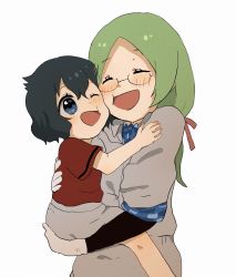 Rule 34 | 2girls, aged down, animal, bad id, bad twitter id, black gloves, black hair, blue eyes, blush, camouflage trim, cheek-to-cheek, child, closed eyes, commentary request, elbow gloves, glasses, gloves, green hair, grey shorts, hair tie, heads together, highres, holding, holding animal, kaban (kemono friends), kemono friends, khakis, long hair, mirai (kemono friends), multiple girls, no headwear, one eye closed, open mouth, red shirt, semi-rimless eyewear, shirt, short hair, short sleeves, shorts, smile, t-shirt, white gloves, yodaka miy