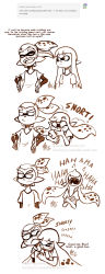 Rule 34 | 1boy, 2girls, 4koma, blush, closed eyes, comic, covering own mouth, english text, fangs, green eyes, hand over own mouth, hat, head on another&#039;s shoulder, highres, inkling, inkling boy, inkling girl, inkling player character, laughing, leaning on person, monochrome, multiple girls, nintendo, open mouth, pointy ears, sepia, shrugging, signature, splatoon (series), splatoon 1, tamarinfrog, teardrop, tentacle hair, twintails, watermark, web address