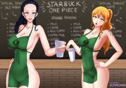 Rule 34 | 2girls, apron, barista, black hair, blonde hair, blue eyes, bottomless, breasts, chalkboard, cleavage, female focus, highres, iced latte with breast milk (meme), large breasts, looking at viewer, meme, meme attire, multiple girls, naked apron, nami (one piece), nico robin, one piece, starbucks, topless, wide hips, yellow eyes