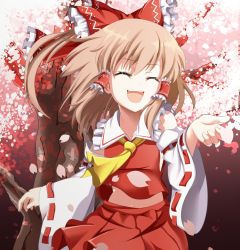 Rule 34 | 1girl, 422322, absurdres, alternate hair color, arm up, bad id, bad pixiv id, bare shoulders, blonde hair, bow, branch, cherry blossoms, closed eyes, detached sleeves, e.o., female focus, frills, hair bow, hair tubes, hakurei reimu, highres, light brown hair, long hair, long sleeves, midriff, midriff peek, navel, neckerchief, open hand, open mouth, petals, purple background, skirt, smile, solo, teeth, touhou, tree, vest, wide sleeves