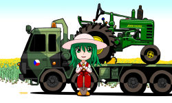 Rule 34 | 1girl, arm rest, artist name, ascot, boots, chibi, czech flag, field, flatbed truck, flower, flower field, gradient background, green eyes, green hair, hat, john deere, kazami yuuka, long sleeves, looking at viewer, matching hair/eyes, military, military truck, military vehicle, motor vehicle, pants, parted lips, plaid, plaid pants, plaid vest, product placement, rubber boots, shadow, short hair, shovel, solo, sunflower, sunflower field, tomozo8674, touhou, tractor, truck, vehicle, vest, worktool