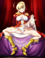 Rule 34 | 10s, 1girl, ahoge, armor, armored boots, blonde hair, blush, boots, braid, breasts, cleavage, closed mouth, clothes lift, covered erect nipples, curtains, dress, dress lift, epaulettes, fate/extra, fate (series), full body, green eyes, hair between eyes, hair ribbon, head tilt, high heels, knee boots, large breasts, looking at viewer, nero claudius (fate), nero claudius (fate) (all), nero claudius (fate/extra), panties, red ribbon, ribbon, sameha ikuya, silhouette, sitting, smile, solo, spread legs, underwear, white panties