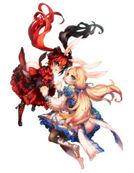 Rule 34 | 10s, 2girls, animal ears, artist request, blade &amp; soul, blonde hair, blue eyes, blush, boots, dress, full body, holding hands, knee boots, long hair, lyn (blade &amp; soul), multicolored hair, multiple girls, pantyhose, rabbit ears, ribbon, simple background, smile, tail, twintails, two-tone hair, white background