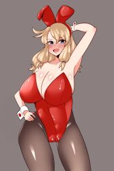 Rule 34 | 1girl, absurdres, animal ears, bare shoulders, blonde hair, blue eyes, blush, breasts, calenda (kemono friends), cleavage, dog haru73, grey background, highres, huge breasts, kemono friends, kemono friends 3, leotard, long hair, looking at viewer, open mouth, pantyhose, playboy bunny, rabbit ears, rabbit girl, simple background, solo