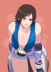 Rule 34 | 1girl, absurdres, blue sports bra, breasts, brown eyes, brown hair, cirenk, cleavage, clothes around waist, clothes pull, collarbone, downblouse, elbow pads, fingerless gloves, gloves, hand guard, heavy breathing, highres, kazama asuka, large breasts, leaning forward, looking at viewer, missing thumbnail, namco, naughty face, parted lips, pink background, pulling own clothes, short jumpsuit, solo, sports bra, sports bra pull, sweat, tekken, tekken 5, thick thighs, thighs, tomboy, unzipped